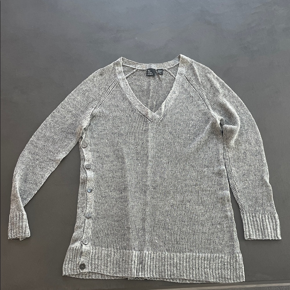 Eileen Fisher Light Gray V-Neck Sweater with Button Detail